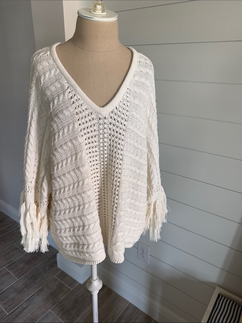 Cabi V-Neck Fiesta Crochet Fringe Sweater - Cream